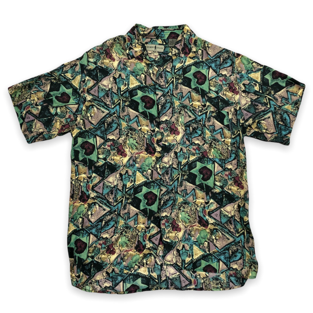 Vintage Robert Stock Silk Button Down Shirt Large Abstract Print Androgynous Top